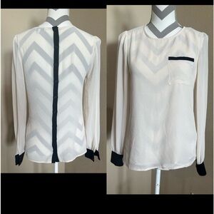 NAKED ZEBRA Sheer Cream Blouse with Black Trim, Size S